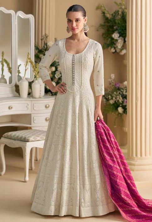 White Chikankari Embroidered Wedding Festive Anarkali Gown